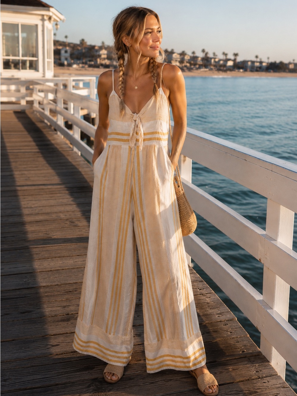 Altar'd State Cream Jumpsuit with Yellow Stripes size M